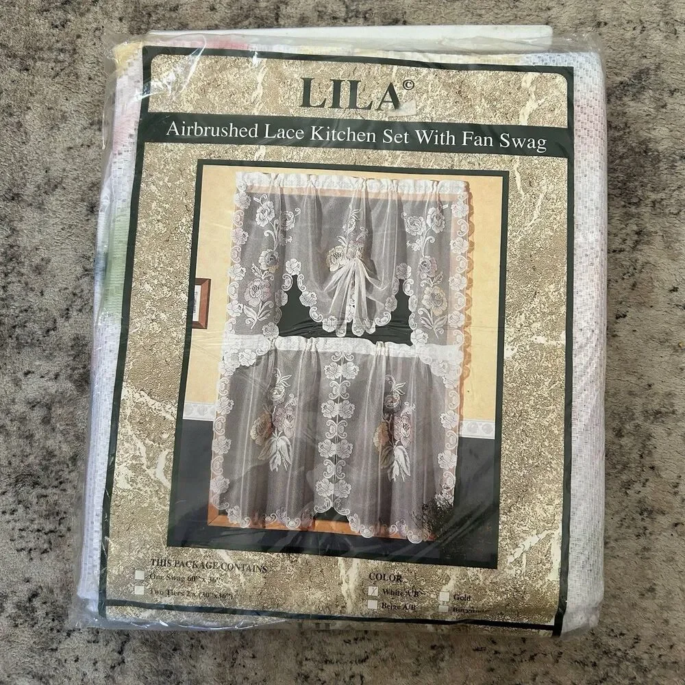 Vtg White Lace Floral Window Valance Two Tiers Fan Swag Lila Cottagecore